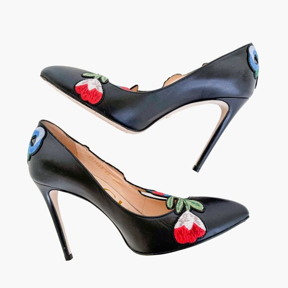 Gucci Ophelia Floral-Embroidered Pump EU 38 US 8 Black Leather High Heel Pointed - Picture 8 of 15